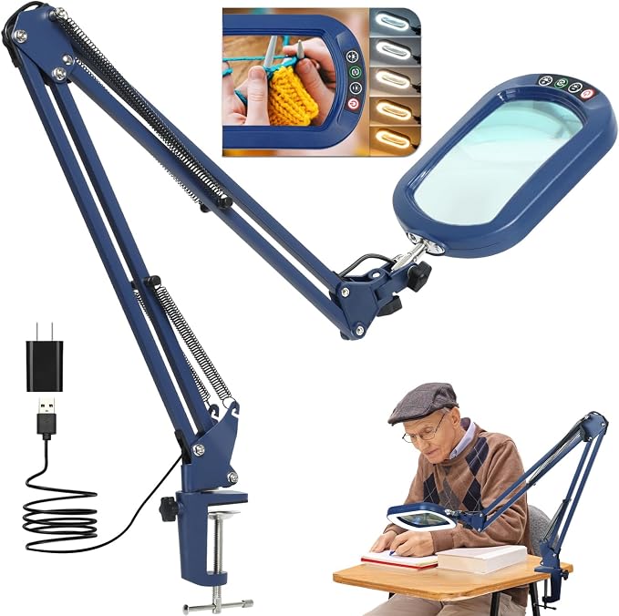 14.35" Large Magnifying Glass with Light and Clamp, Real Glass, 5 Color Modes, Stepless Dimmable, Lighted Magnifier with Stand Hands Free, LED Swing Arm Desk Lamp for Close Work, Craft, Blue by JEEDEFI