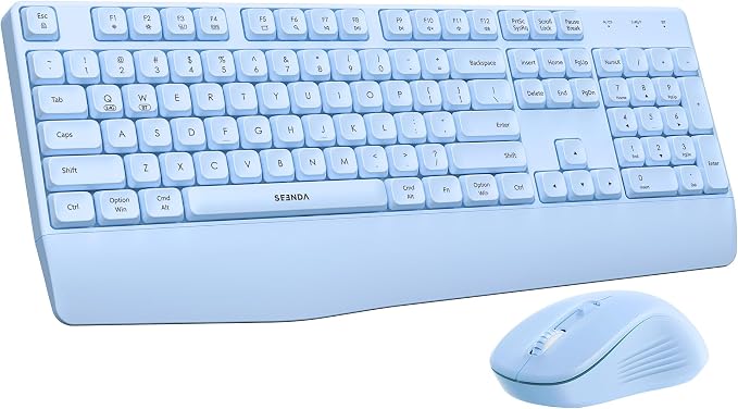 seenda Wireless Bluetooth Ergonomic Keyboard Mouse Combo, Full Size, Blue | USB/Bluetooth multi-device switching, with wrist rest, number pad, and quiet operation for PC, laptop, Mac, MacBook, and iPad by seenda-JustBeYourself