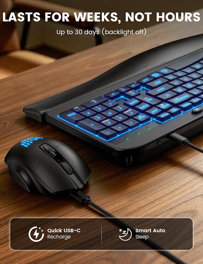 Wireless Keyboard and Mouse Combo, Ergonomic Wave with Wrist Rest | Rechargeable, Backlit Keys, Full Size, 2.4GHz USB Wireless, Leather Finish, MA12Pro Quiet Set for Windows, Mac, PC, Laptop - Image 6