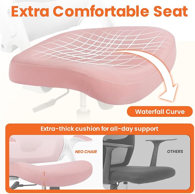 NEO CHAIR Office Desk Chair High Back Mesh Chair Adjustable Lumbar, Pink | Ergonomic High-Back Design with Breathable Mesh, Flip-Up Armrests, Comfortable Support for Home office or Computer Work - Image 5