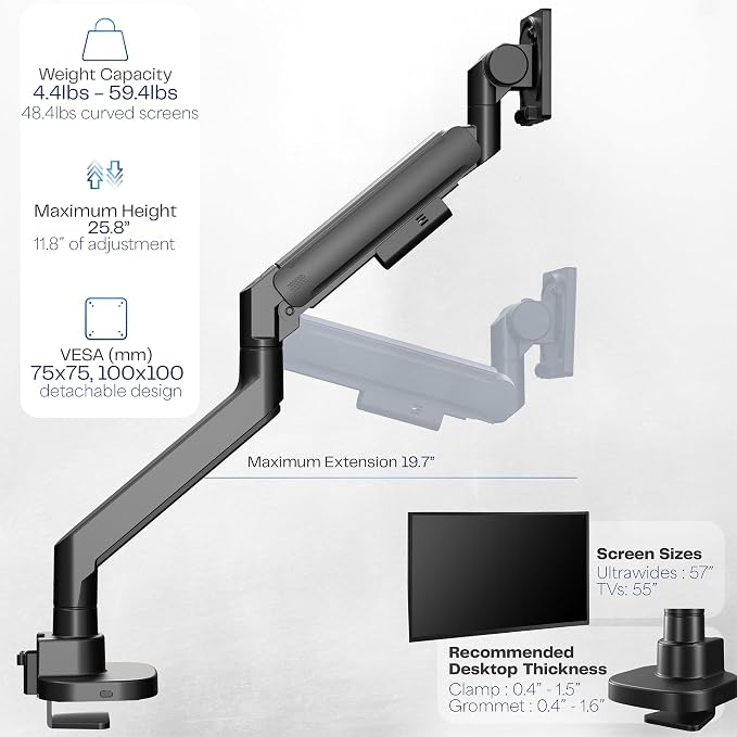 VIVO Heavy Duty Ultrawide Monitor Arm for 57 inch Screens up to 59.4 lbs, Desk Mount TV and Monitor Stand Designed for Samsung Odyssey Ark, Neo G9, ViewFinity S9, and More, Black, STAND-GT57 - Image 4