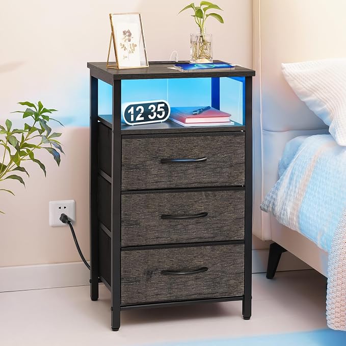 Yoobure Night Stand with Charging Station, 3 Fabric Drawers Nightstand, Bedside Tables with Storage Shelf, End Table with 16 Colors LED, Small Dresser for Small Space, Gray | 16 Colors Bedside Table with 3 Fabric Drawers & Storage Shelf, End Table with... - Image 2
