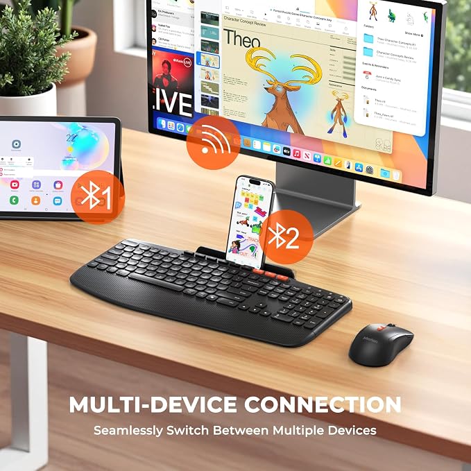 MEETION Bluetooth Wireless Keyboard Mouse Combo with Tablet Holder | Slim ergonomic keyboard with quiet scissor keys, 4 DPI wireless mouse, works with Windows, Mac, PC, laptop, phone and tablet - Image 2