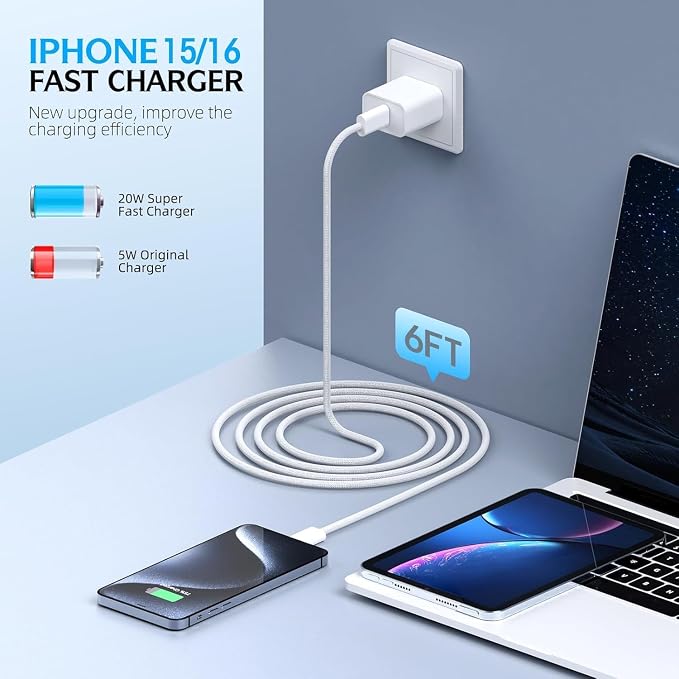 iPhone 17 16 Charger,2Pack USB C Fast Charger Apple Charge Type C Fast Charging Block&6FT USB C to C Woven Cable Cord for iPhone 17 Pro Max/17 Pro/Air/16 Plus/16E/15 Series/iPad Pro/Air/Mini - Image 2