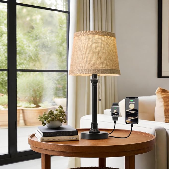 19.5" Small Table Lamp for Bedroom, Rustic Black Lamp, USB A+C | Pull Chain Switch Bedside Table Lamps, Natural Shade, Small Farmhouse Nightstand Lamp for Living Room End Table & Desk Light by Oneach
