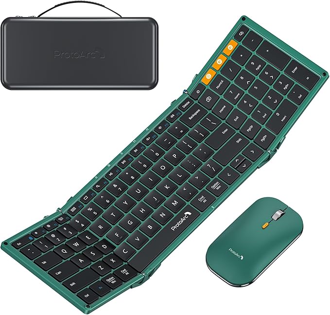 ProtoArc XKM01 Full-Size Foldable Keyboard Mouse Combo for Travel - Green | 105-key keyboard, slim mouse, hard case and phone stand; 3-device Bluetooth & 2.4G switching, for travel office use by ProtoArc