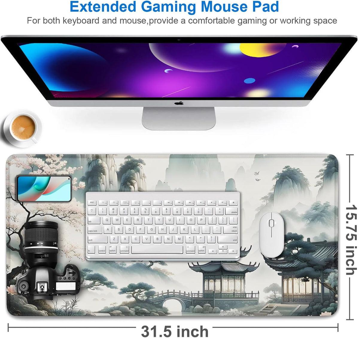 Large Gaming Mouse Pad, 31.5x15.7 inch Large Extended Computer Keyboard Mouse Mat, Water Resist Non-Slip Mousepad Rubber Base Long XXL Mouse Pad for Work & Gaming, Office & Home, Sakura Ancient City - Image 2