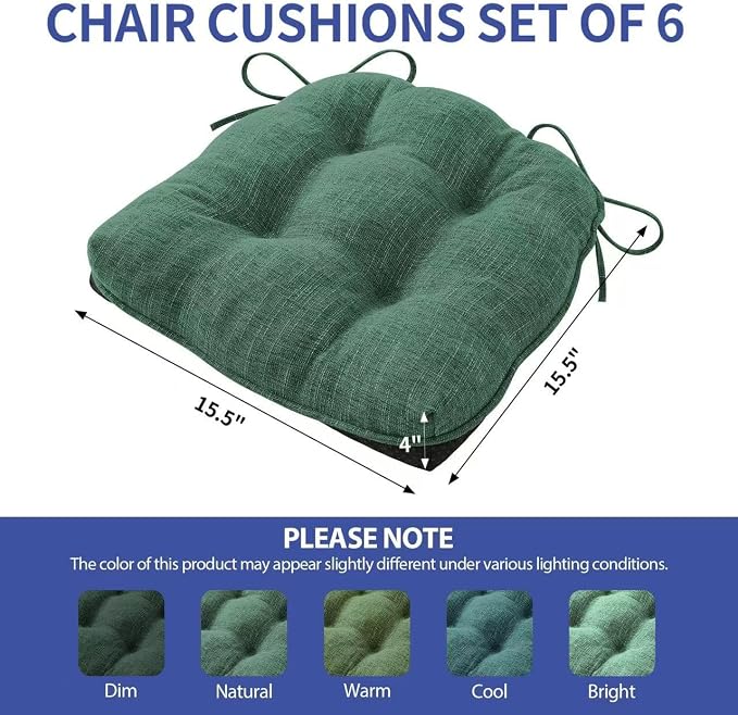 IPYNBAP Chair Cushions for Dining Chairs Set of 6, Kitchen Chair Cushions, Chair Pads with Ties Non Slip Backing, Christmas Room Decor, Tufted Memory Foam Seat Cushion 6 Pack, 15.5x15.5x4, Dark Green - Image 3