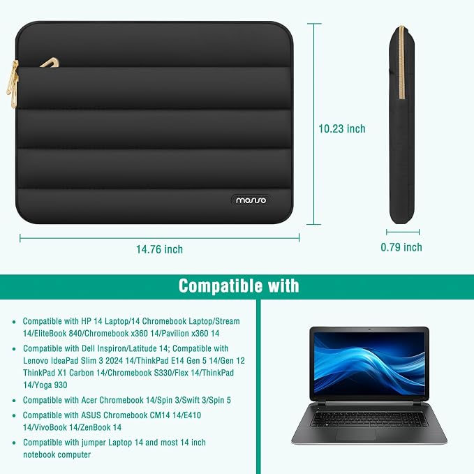 MOSISO Laptop Case 14 inch, 14 inch Puffy Laptop Sleeve Carrying Case | Compatible with HP Lenovo Dell ASUS Acer, HP Stream, Dell Latitude, Polyester Horizontal Bag with Small Case, Black - Image 9