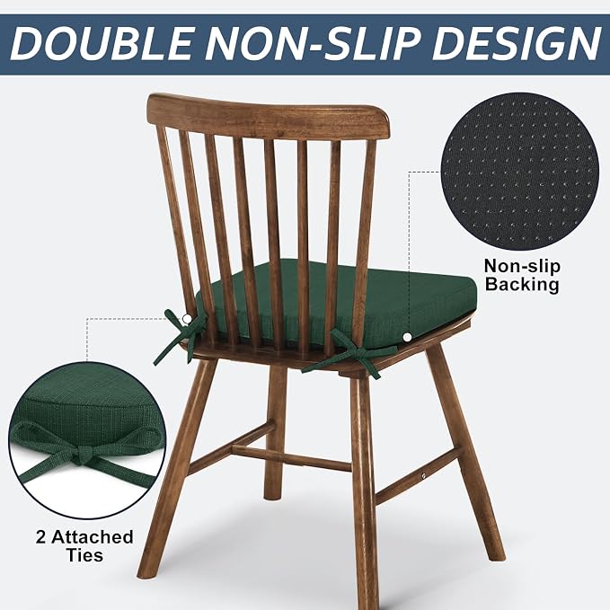 Basic Beyond Chair Cushions for Dining Chairs 6 Pack, Kitchen Chair Cushions with Ties and Non Slip Backing, 16 x 16 inches Chair Pads for Dining Chairs (Forest Green) - Image 3