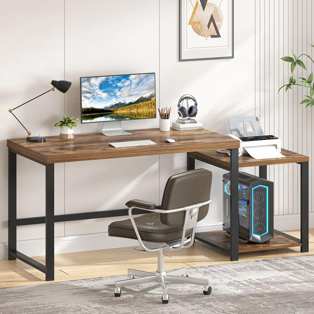 Large Computer Desk for Home Office with Printer Space, Wood Study Gaming Workstation Table with Storage Shelves, Long Writing Desk for Bedroom Living Room, Rustic Brown, 63 Inch by FOLUBAN