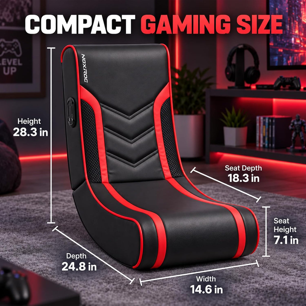 Foldable Floor Gaming Chair with RGB Led Lights for Teens Adults，Black+Red - Image 3