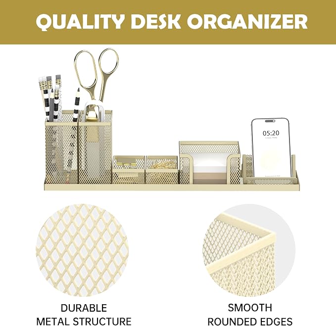 Pen Holder for Desk, 6-Piece Mesh Desk Organizer with Phone Holder, Gold | 6-Piece Black Mesh Desk Set Includes Pen Cups, a Sticky Note Caddy and Phone Holder for Office, School, Home - Image 4