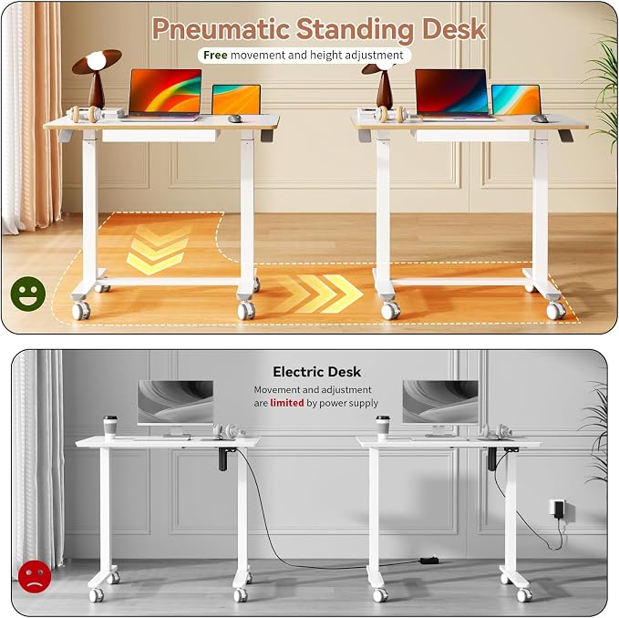 Mobile Standing Desk with Drawer, Height Adjustable, 35" White | Small Rolling Desk & Table, Pneumatic Computer Sit Stand Workstation, Portable Laptop Cart w/ Hidden Wheels, Lockable Casters - Image 7