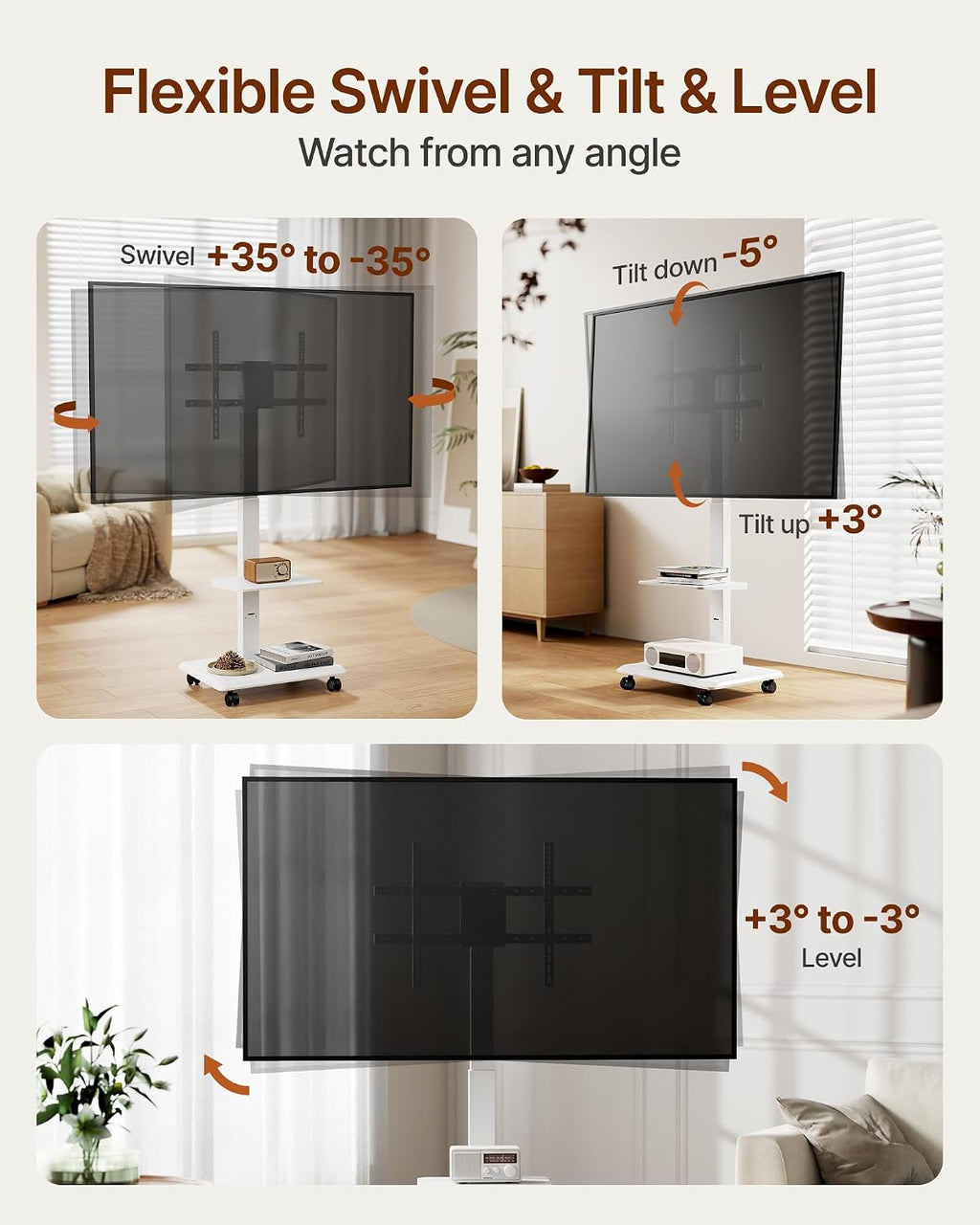 Steel Base Rolling TV Stand for 37-90 inch TVs up to 132 lbs, White - Image 2