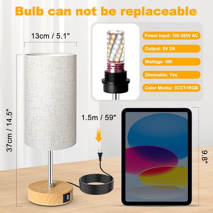 Small Table Lamp, 3CCT & 7 RGB Color Changing, Dimmable Nightstand Lamp with Wood Grain Base, Touch Bedsides Lamp for Bedroom, Office, Kids Room, Nursery, Party, Beige Shade - Image 2