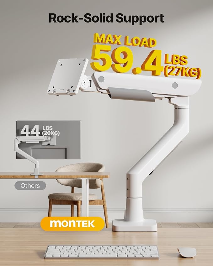 monTEK Heavy-Duty Monitor Arm for 17-57" Ultrawide, 59.4 lbs, White | Pneumatic lift, quick-release VESA 75/100 plate, full motion, clamp/grommet bases and hidden cable routing - Image 2