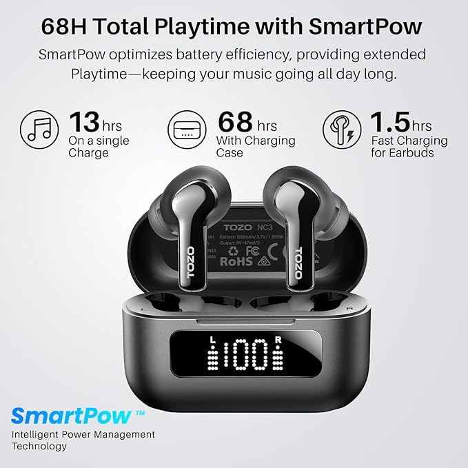 TOZO Hybrid Active Noise Cancelling in Ear Wireless Earbuds, 68H Playtime | 6 Mics AI Clear Calls, LED Display, 32 Preset EQs App, Bluetooth 5.3 Headphones, IPX8 Waterproof, Comfort Fit Ear Buds Black - Image 4
