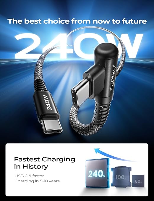 AINOPE 240W USB C to USB C Cable Fast Charging 15FT,Right Angle Fast Type C Charging Cable Fits iPhone 16 Pro Max Plus,iPhone 15,MacBook Air/Pro,iPad Pro,Samsung,Pixel,All Devices, Black, 1 Pack - Image 2