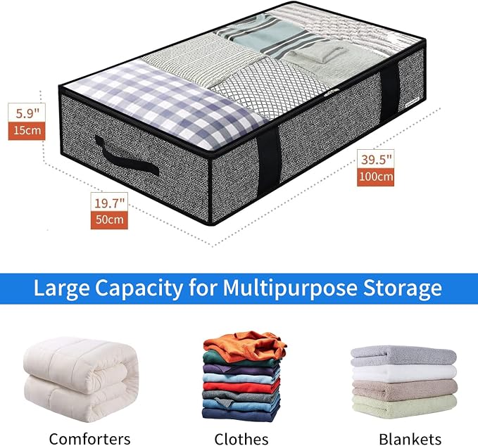 Onlyeasy 4 Pack Under Bed Clothes Storage Bags Organizer with Reinforced Handles and Zippers, Foldable Underbed Storage Container Bags for Blankets, Comforters, Bedding, Linen-like Black, MXAUBBP4 - Image 2
