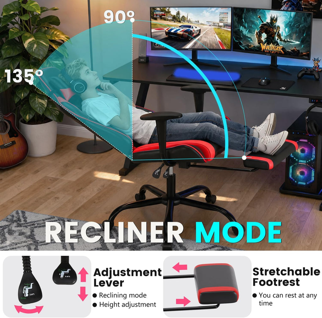 BestOffice | Ergonomic Gaming Chair | Red | Reclining Computer Chair with Lumbar Support, Headrest Pillow, Adjustable Footrests | 360 Swivel with Heavy Duty Wheels | for Home & Office - Image 3