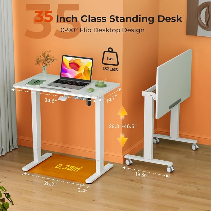 35" Glass Standing Desk, 90° Tilt Height Adjustable Drafting Table | White Foldable Whole-piece Electric Drawing Cart with 4 Lockable Wheels, Small Rolling Laptop Rising Workstation, Whiteboard - Image 2