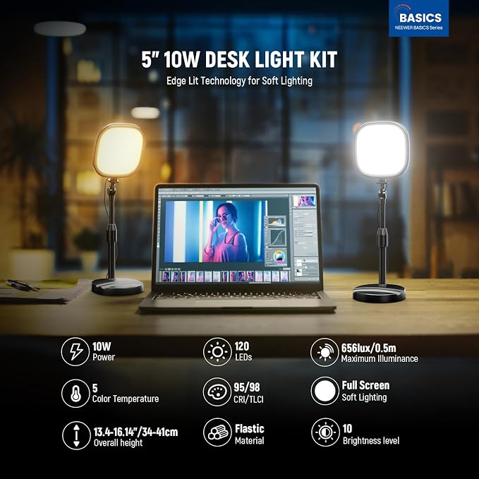 NEEWER Basics 2 Pack 5" Full Screen LED Ring Light with Stands for Desk Video Conference, 10W Bi Color Edge Lit Computer Laptop Webcam Zoom Calls Lighting Streaming Phone Recording, CRI95, NL10 - Image 2