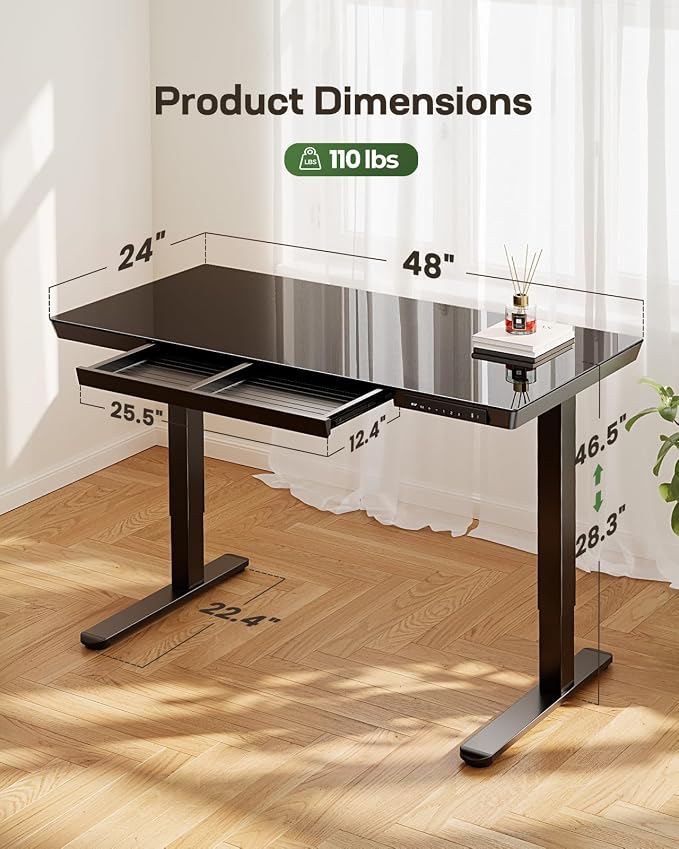 Marsail 48 x 24 inch Glass Standing Desk with Drawer Storage, Matte Black | Storage drawer, one-piece tabletop, two USB charging ports, sit stand design, 28.3–46.5 inch height range, home office use - Image 3