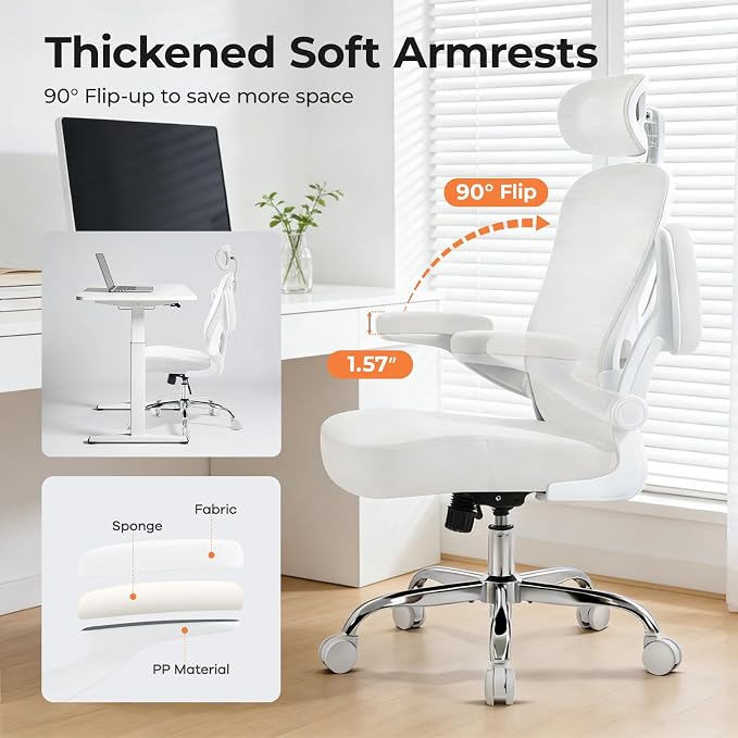 Office Chair Ergonomic Office Chair, Mesh Desk Chair, White, 1 PK | Lumbar Support, Head Support, Rocking Function, Flip-up Armrests, Mesh High Back, Suitable for Home Office - Image 3