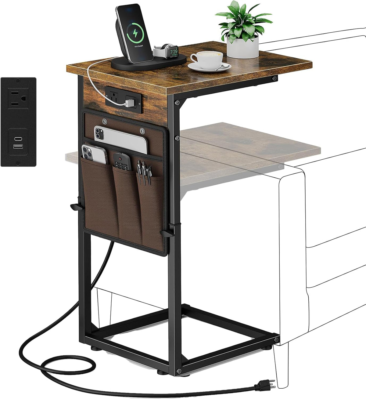 C Shaped End Table with Charging Station, Adjustable Height Side Table for Couch, Small Sofa Table with Storage Bag, Slide Under Sofa TV Tray Snack Arm Tables for Living Room, Bedroom, Brown by Vagusicc