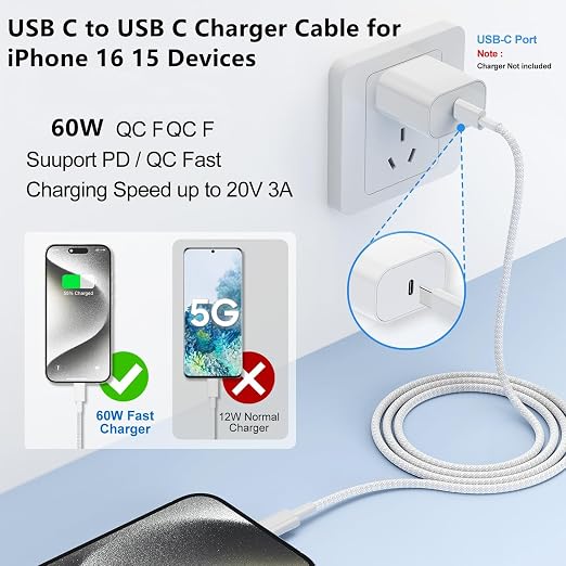 USB C to C Charger Cable 6ft, 60W Type C to C Fast Charging Cable Cord Long for Apple iPhone 17 Pro Max/17 Air/16 Pro Max/16 Pro/15 Plus/15 Pro Max/MacBook 2021/2020/2019,iPad Pro/Mini/Samsung Galaxy - Image 5