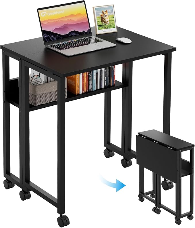 GreenForest Folding Desk with Wheels, 31.5" Rolling Table for Small Spaces | Storage Shelf, Lockable Casters, Compact Portable Workstation, Space-Saving Foldable Sofa Table, Home Office, Mobile, Black by GreenForest
