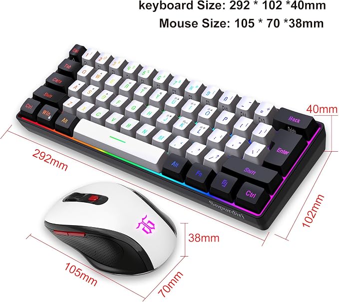 Snpurdiri 2.4G 60% Wireless Gaming Keyboard and Mouse Combo, Black-White | Include Mini 60% Gaming RGB Backlit Keyboard, Ergonomic Vertical Feel Small Wireless Mouse - Image 6