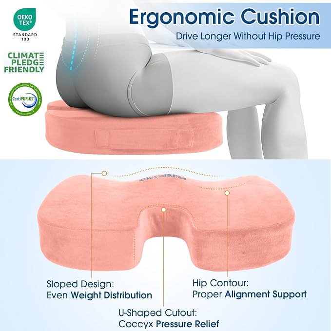 CloudBliss Ergonomic Seat Cushion & Lumbar Support Pillow Set, Pink, Large | Back Pain & Sciatica Relief, Memory Foam Support, Adjustable Straps, Machine Washable Velvet, Perfect for Office, Car, Gaming - Image 6