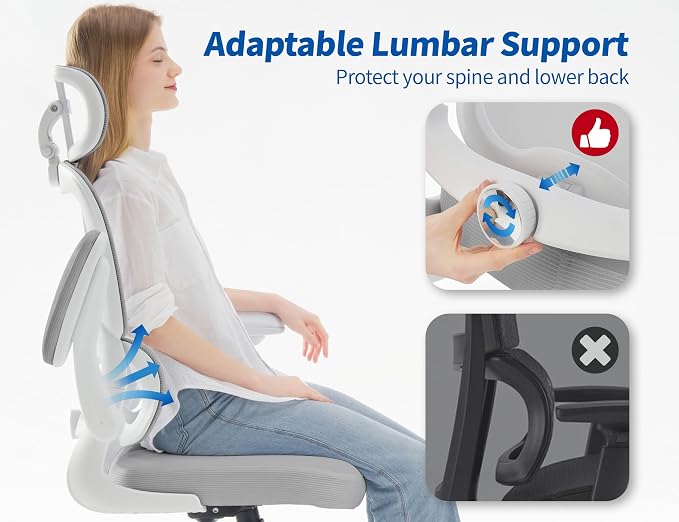 TRALT Office Chair Ergonomic Desk Chair - Gaming Chair with Lumbar Support | 330 LBS Home Office Desk Chairs with Headrest, Reading Chair with Flip-up Armrests, Comfortable Computer Chairs (1, Grey PU) - Image 6