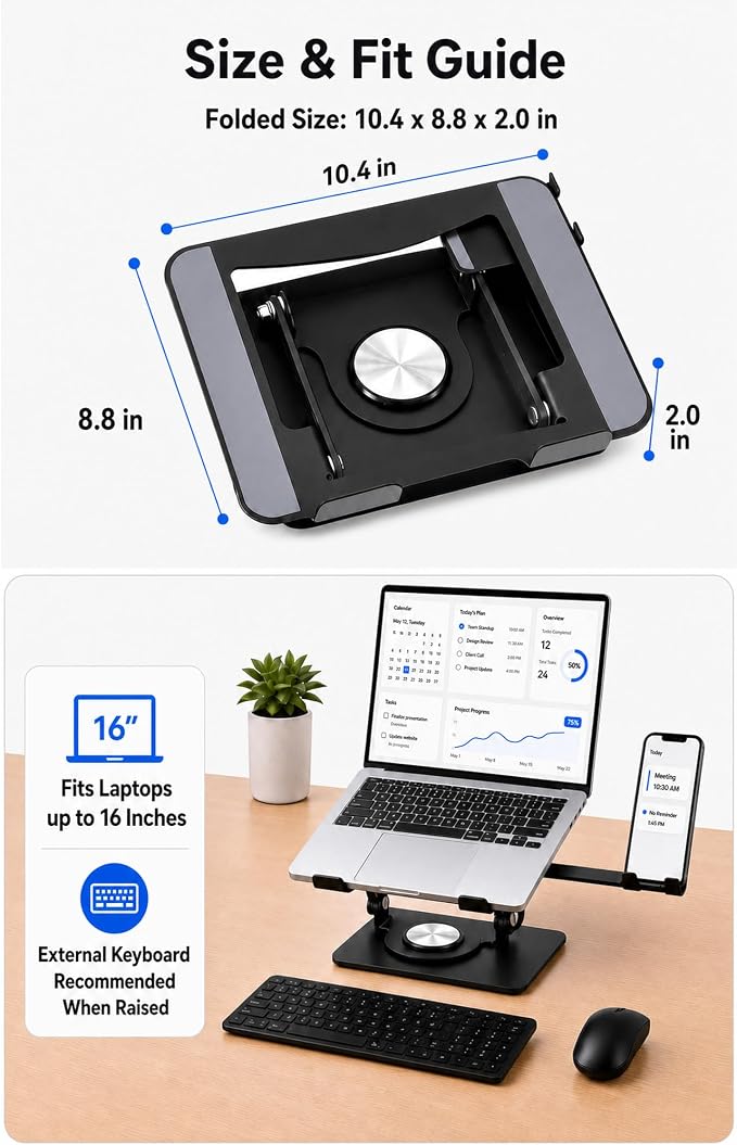 2-in-1 Laptop Stand with Phone Holder, 360° Swivel Laptop Riser for Desk | Fits 10-16 Inch Laptops, Height and Angle Adjustment, Carbon Steel Frame, Silicone Contact Pads, Fold-Flat Storage, 1 Pack - Image 7