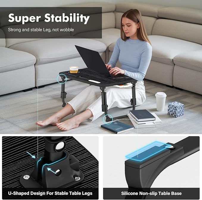 Lap Desk for Bed Adjustable Height, Foldable Bed Table with Storage Drawer, Tablet Slot & Cup Holder, Portable Laptop Stand for Bed & Sofa, Bed Desk for Adults & Kids, Black - Image 4