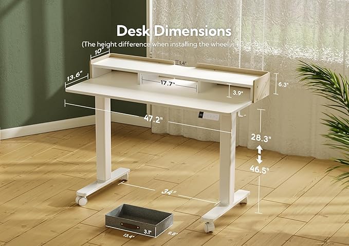 Claiks Standing Desk with Drawers & Wheels, 2 Height Shelf 48inch White | 2 height adjust shelf, tabletop drawers, felt fence design, sturdy supports 176 lbs, 4 wheels, 2 tire monitor stand - Image 3