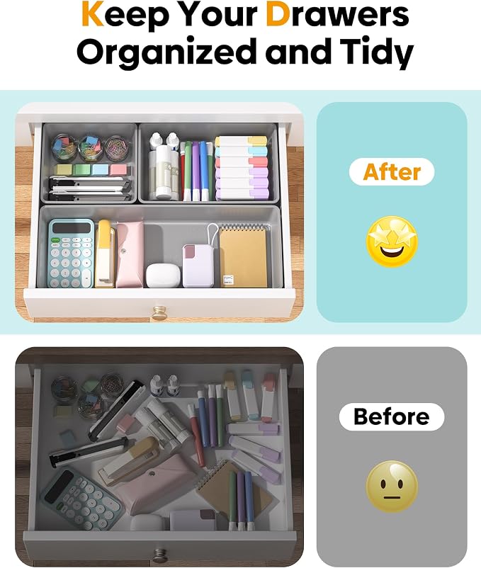 10 Pack Large Size Plastic Drawer Organizers Set, 3 Sizes Desk Drawer Organizer Trays, Storage Bins for Vanity, Makeup, Bathroom, Kitchen Utensils and Office (Gray) - Image 4