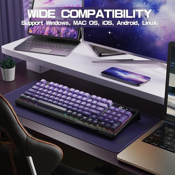 LexonElec M96 Wireless Keyboard, Low Profile Quiet Typing Membrane Gaming Keyboard with Smart Display & Knob, RGB Backlit, USB C Rechargeable, 94 Keys PBT Keycap for Windows PC,Mac,Linux-Grape Purple - Image 9