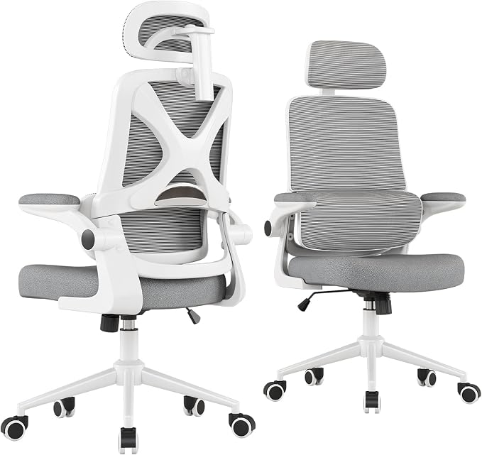 Ergonomic Office Chair - Desk Chair with Adjustable Headrest Lumbar Support Computer Chair - Mesh Comfy Chair with Flip-up Armrests - Gaming Chairs for Adults Home Office (White+Gray) by Apusen