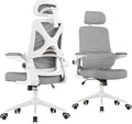 Ergonomic Office Chair - Desk Chair with Adjustable Headrest Lumbar Support Computer Chair - Mesh Comfy Chair with Flip-up Armrests - Gaming Chairs for Adults Home Office (White+Gray) by Apusen