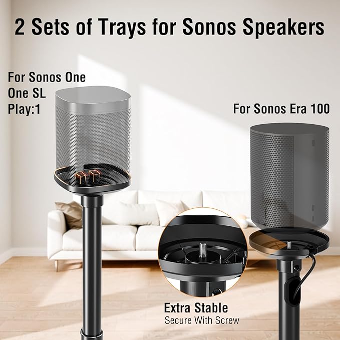 ELIVED Speaker Stands Pair for Sonos Era 100 and Sonos One, One SL, Play:1 | 35"- 43.4" Height Adjustable Speaker Stand for Surround Sound, Cable Management, Tempered Glass Base, 11 LBS Loading - Image 2