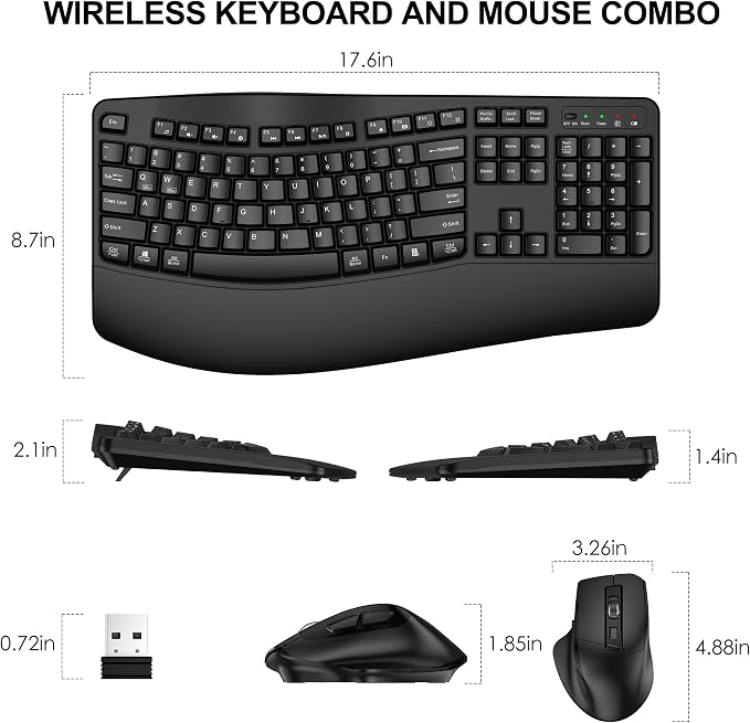 Wireless Keyboard and Mouse Combo, 2.4G Ergonomic Wave Keys(Black) | Full Size Wave Keyboard with Wrist Rest, 3-Level DPI Adjustable Ergonomic Mouse for Windows and Mac OS Desktop/Laptop/PC - Image 8