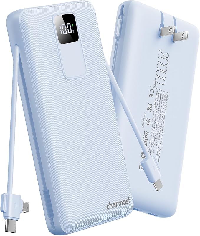 charmast 20000mAh Portable Charger with Built-in Cables and AC Wall Plug | 20W Fast Charging Power Bank, Power 3 Devices at Once, Family Travel Essential Battery Pack for iPhone, Samsung, Android by charmast