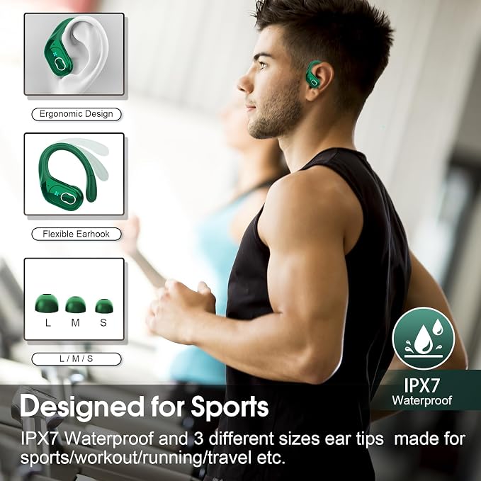 Aptkdoe Wireless Earbuds 75H Bluetooth 5.4 Sport Headphones with Earhooks | IPX7 Waterproof In-ear Buds Feature ENC Noise Cancelling Mic. Stereo Sound Device for Gym Running Workout, Dark Green - Image 3
