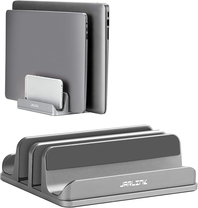 JARLINK 4-in-1 Adjustable Vertical Laptop Stand, Aluminum Holder, Grey | Space-Saving Aluminum Laptop Holder, Compatible with All MacBook, Surface, Chromebook, Phone, and Gaming Laptops. by JARLINK