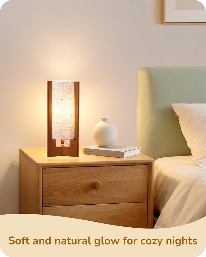 EDISHINE 13.5" Small Table Lamp, Walnut Wood Cylinder Nightstand Lamp, E26 | Beige Linen Shade, On-Off Line Switch, Three-Sided Base, Corner Modern Bedside Lamp for Living Room, Bedroom - Image 7