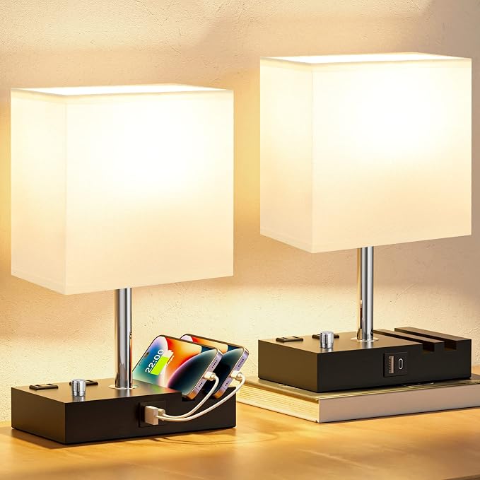 White Bedside Table Lamps Set of 2 - Dimmable, USB C+A, 2 AC Outlets | Dimming By Rotary Knob, USB C+A Ports, 2 Phone Stands, LED Bulbs Included, Rectangle White Lampshade, for Living Room, Desk - Image 2