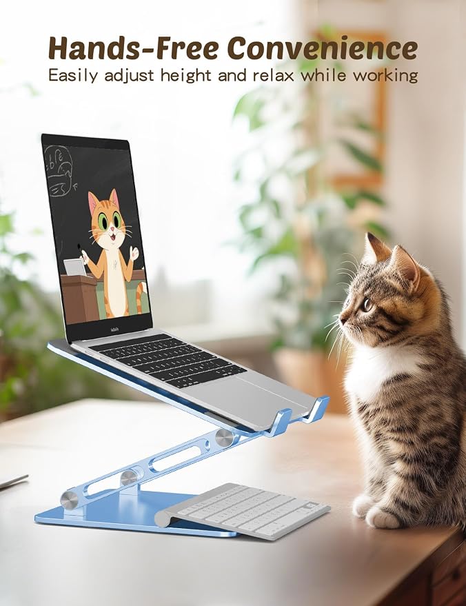Aoviho Laptop Stand for Desk – Adjustable Aluminum Laptop Riser with Unique Cat-Shaped Cooling Vent, Portable Desk Gift & Decor, Compatible with MacBook Air Pro, Dell, HP, Lenovo (10"-17.3"), Sky Blue - Image 6